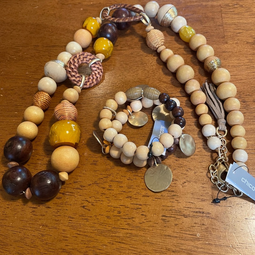 NWT Chico;s Wood Bead Woven Raffia Tan Gold Brown Necklace Bracelet